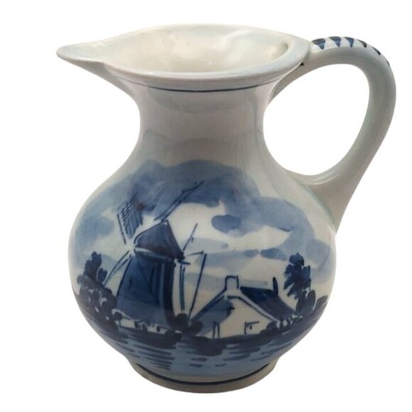 Vintage Delft Blue Handpainted Windmill Pastoral Ceramic Pitcher & Basin Holland - Picture 2 of 14